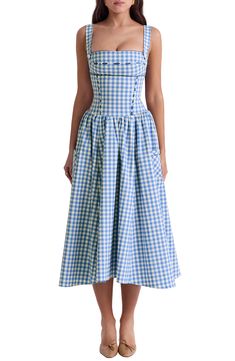 Eyelet and ribbon lacing adds an edgy touch to a vintage-inspired sundress boasting a bustier-style bodice and flared midi skirt. Exclusive retailer Square neck Side patch pockets Lined 77% viscose, 21% polyester, 2% elastane Dry clean Imported Flared Midi Skirt, Blue Gingham Dress, House Of Cb Dresses, Midi Sundress, Midi Flare Skirt, House Of Cb, Gingham Dress, Feminine Look, Dress Cuts