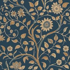 an intricately designed wallpaper with flowers and leaves in gold on dark blue background