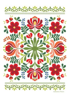 a floral design with red flowers and green leaves on a white background, in the middle of