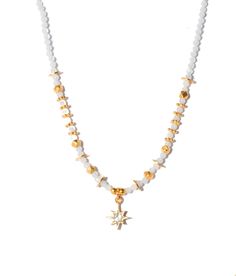 Moonstone beads, gold pyrite beads, sliced raw uncut diamonds, white resin, vermeil 18K gold Gold Spiritual Crystal Necklace With Polished Beads, Spiritual White Jewelry With Gold Beads, Moonstone Beads, Uncut Diamond, Moonstone, 18k Gold, Beaded Necklace, Diamonds, Beads