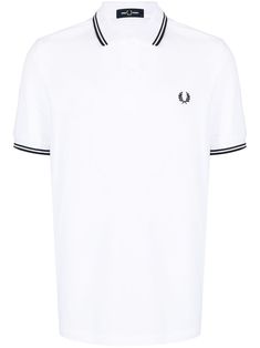 White cotton logo-print polo shirt from FRED PERRY featuring embroidered logo at the chest, stripe trim, polo collar and short sleeves. White Polo T-shirt With Striped Collar, Cotton Polo T-shirt With Embroidered Logo, White Short Sleeve Polo Shirt With Ribbed Collar, Cotton Polo Shirt With Contrast Collar, White Collared Polo Shirt, White Top With Contrast Collar, Classic Polo Collar T-shirt For Summer, Classic White T-shirt With Ribbed Collar, Collared Cotton T-shirt With Embroidered Logo