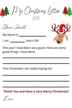 a christmas letter to santa with reindeers and trees in the background, on top of a