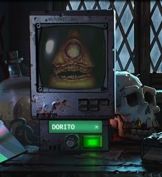 a computer monitor with a creepy face on it's screen and a skull in the background