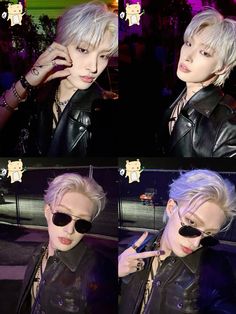 two pictures of the same person wearing sunglasses and one with blonde hair, both in black leather jackets