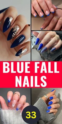 Blue Fall Nail Designs, Short Acrylic Designs, Blue Fall Nails, Blue Autumn, September Nails, November Nails, Festive Nail Art, Blue Tips