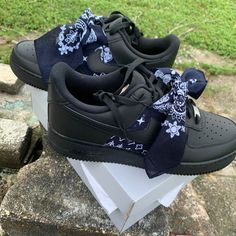 Custom Bandana Styled Nike Af1. All Customs Professionally Done And Built To Last. My Instagram Is @Supermaine Message Me Here For Quicker Responses. Custom Black Sneakers With Rubber Sole, Custom Black Sneakers With Round Toe, Black Custom Sneakers With Round Toe, Custom Black Round Toe Sneakers, Custom Black Lace-up Sneakers, Custom Black High-top Sneakers, Custom Black Nike Sneakers With Laces, Nike Custom Black Sneakers With Laces, Custom Black Leather Sneakers