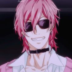 an anime character with pink hair and sunglasses