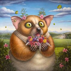 a painting of a koala holding flowers in its paws and looking at the camera