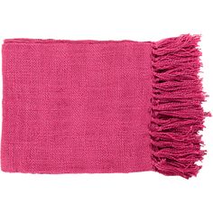 a bright pink throw with fringes on the ends and one end folded in half