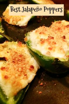 stuffed bell peppers with cheese and seasoning on top in a skillet text reads best jalapeno poppers