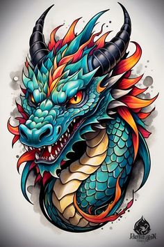 a blue dragon with orange and red flames on it's head is shown in this tattoo