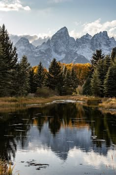 a lake surrounded by trees and mountains in the background