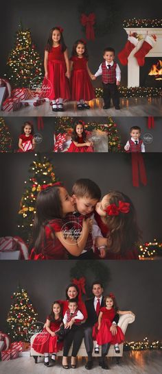 two children are kissing in front of christmas trees