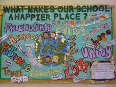 a bulletin board with words and pictures on it that say what makes our school's happter place?