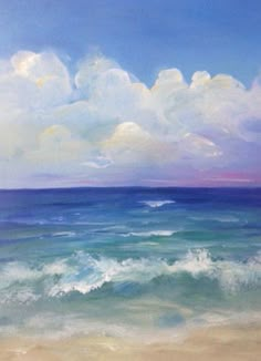 an oil painting of the ocean with clouds in the sky and waves crashing on the beach