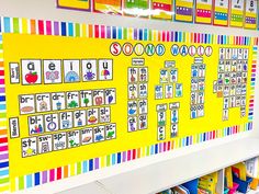 a colorful bulletin board in a classroom