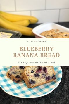 blueberry banana bread on a plate with bananas in the background