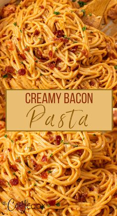 a collage of creamy bacon pasta in a red cream sauce with crispy bacon on top. Creamy Bacon Pasta, Bacon Pasta Recipes, Bacon Dishes, Tomato Cream Sauce, Easy Pasta Dinner, Bacon Pasta, Pasta Dinners, Pasta Dinner Recipes, Ground Beef Recipes For Dinner