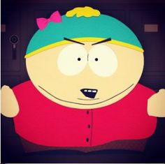 the south park character is wearing a green hat and red shirt with a bow on it's head