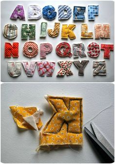 the letters are made out of fabric and some type of sewing material, including scissors