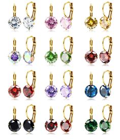 PRICES MAY VARY. Leverback Earrings Set-- 12 pairs birthstone leverback dangle earrings a set, 12 different colors birthstone from Jan to Dec. These multicolor Cubic Zirconia drop earrings will company with you all year round, making your life more colorful. High Quality Material-- Made of 316L stainless steel, creates glamorous reflections to these leverback dangle earrings. 10mm AAA+ Cubic Zirconia inlaid, sparkling in the sunshine, timeless and stylish. Gold plated surface, well polished, com Fun Model Poses, Steel Earrings, Leverback Earrings, Cz Earrings, Velvet Bag, Stainless Steel Earrings, Exquisite Jewelry, Set For Women, Earrings Set