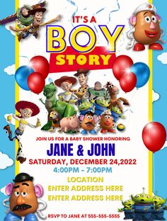 a toy story birthday party with balloons and characters