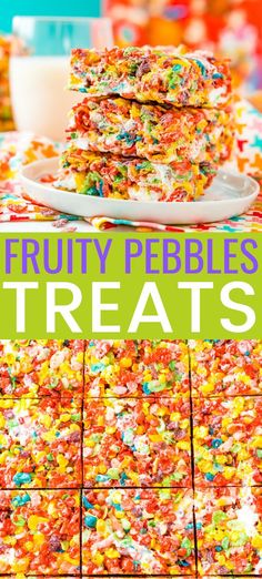 colorful cereal treats stacked on top of each other with the words, fruity pebbles treats