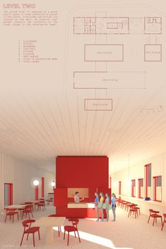 an architectural rendering of a room with tables and people standing in the area around it