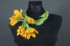 "Large yellow flower necklace - lariat / wrap necklace. Unique felted necklace handcrafted using a delicate merino wool, shapes like a long light green stem with large yellow flowers at both ends. You can wrap it around your neck several times or wrap it once and let it fall free until your waist. Perfect for special occasions, when you want to stand out and feel exceptional. Length of necklace: 148 cm / 58.26\" Single rope. It is a 100% handmade, unique item, but if you like the design, contact Handmade Unique Jewelry For Spring, Elegant Yellow Necklace For Spring, Yellow Flower Necklaces For Jewelry Making, Handmade Yellow Necklace For Spring, Handmade Unique Lariat Necklace For Gift, Handmade Unique Lariat Necklace As A Gift, Unique Handmade Lariat Necklace For Gift, Handmade Flower Necklace For Spring, Handmade Necklaces As Spring Gifts