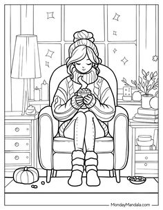 Coloring Pages Aesthetic Fall, Fall Coloring Pages Aesthetic, Bold Coloring Pages For Adults, Procreate Colouring Pages, Cozy Girl Coloring Book, Winter Coloring Pages For Adults, Simple Fall Coloring Pages, Cute Free Coloring Pages, Etsy Coloring Pages