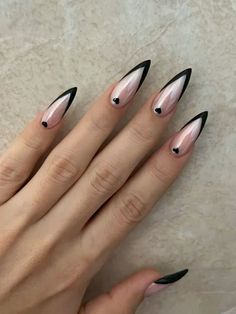 Nails With Black French Tips, Black Chrome Nails, Nails With Black, Black Stiletto Nails, Black French Tips, Goth Nails, Edgy Nails