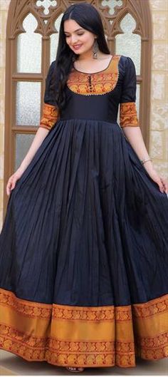 Black and Grey color Gown in Silk fabric with Weaving work Long Gown Dress From Saree, Recycled Dress