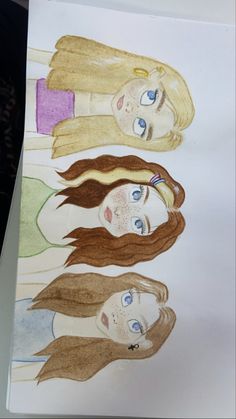 three girls with long hair and blue eyes are drawn in colored pencils on paper