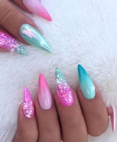 Bright Glitter Nails Summer, Mermaid Nails Design, Mermaid Nail Designs, Nails Mermaid, Unicorn Nails Designs, Mermaid Nail Art, Mermaid Nail, Fingernail Art, Stiletto Nail Art