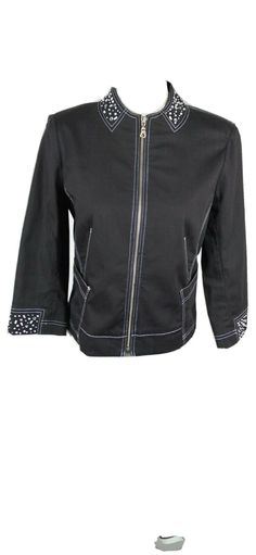 Pit to pit 18in length 22in sleeve 18in waist 35in City Girl Juniors Sz XS Black Embellished Full Zip Front Jacket S17. Shipped with USPS Priority Mail. Tag Sale, City Girl, Vest Jacket, Long Sleeve Blouse, Leather Jacket, Women Accessories, Clothes For Women, Women's Top, Black