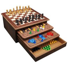 two wooden chess boards with different pieces on them