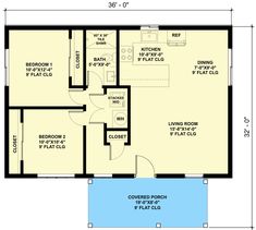 the floor plan for a two bedroom house with an attached garage and living room area