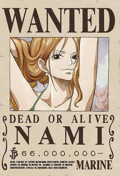 a poster with the words wanted dead or alive nami and an image of a woman's face