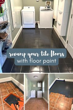 the floor in this kitchen is being cleaned with tile cleaners and other cleaning supplies