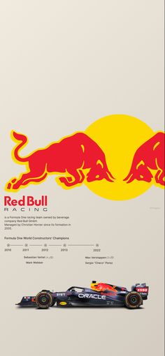 the red bull racing car is shown in front of an orange and yellow background with words below it