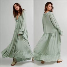 Free People Nwt! Sweet Darlin Maxi Dress Size: Medium Color: Green Interior Slip Lining With Adjustable Shoulder Straps Pull-On Style Oversized Style Partial Front Button Closure Adjustable Drawstring Cuffs Fringe Trim 100% Viscose Made In Vietnam Length (Shoulder To Hem): 56" Bust: 52" Arm In-Set: 22.5" New With Tag! Free People Boho Dress, Long Dresses Casual Maxi, Free People Boho, Free People Maxi Dress, Embroidered Maxi Dress, Maxi Slip Dress, Floral Print Maxi Dress, Pink Maxi Dress, Ruffled Maxi Dress