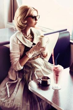 soda fountain How To Have Style, Bridget Bardot, Clothing Model, Woman Sitting, Female Clothing, Drinking Coffee, A Cup Of Coffee, Vintage Glamour, 50s Fashion