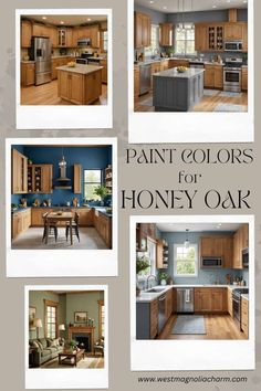 the interior of a kitchen painted in light brown and blue with text overlay that reads paint colors for honey oak