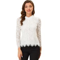 Add a bit of femininity to your look with the ruffle round-neck lace top. It features a long sleeve form, a ruffle neck, and lace fabric. It perfectly matches everyday jeans and skirts for a weekend casual look. A lace top puts a feminine spin on any day or night look with a charming feminine silhouette. Good options for parties, sweet dating, shopping, festivals, banquets, office outfits, casual wear, and daily outfits. Casual Lace Top, Womens Lace Tops, Lace Top Long Sleeve, Lace Long Sleeve, Blouse White, Office Outfits, Women Lace, Lace Blouse, Lace Sleeves