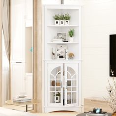 a living room with a white bookcase filled with books and plants on top of it