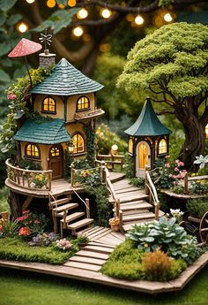 a miniature house with stairs leading up to it and lights on the trees in the background