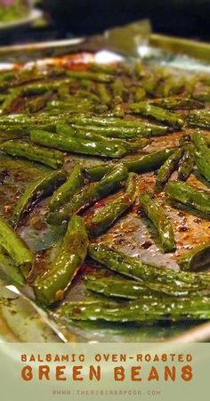 green beans on a platter with balsamic oven - roasted