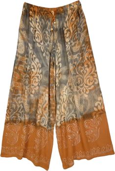 Hippie Style Wide Leg Brown Bottoms, Brown Wide Leg Hippie Bottoms, Hippie Style Brown Bottoms For Spring, Bohemian Brown Harem Pants For Spring, Bohemian Brown Wide Leg Pants For Spring, Bohemian Orange Bottoms For Fall, Summer Full-length Brown Harem Pants, Hippie Style Brown Summer Pants, Hippie Brown Summer Pants