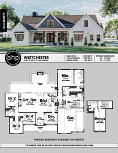 the floor plan for this modern farmhouse style home, which has three bedroom and two bathrooms