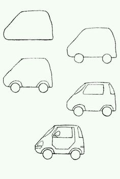 four different types of cars are shown in black and white